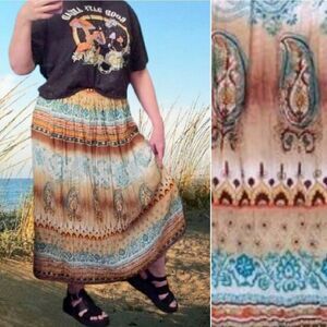 VTG Brown Teal Paisley Boho Western Pull On Midi Skirt Plussize 14 Petite